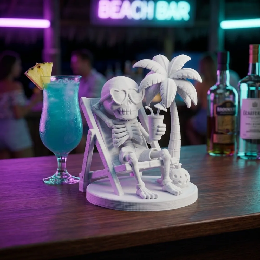Relaxing Skeleton on Beach Chair 3D Printed Figurine Palm Tree Tropical Skeleton Statue Funny Halloween Summer Table Decor Gifts
