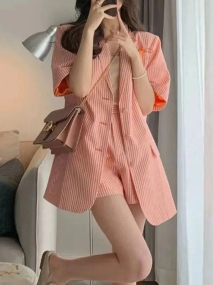 Women Casual Loose Blazer Shorts Suit Spring Summer New Fashion Vintage Stripe Short Sleeve Coat Female Clothes Two Pieces Set