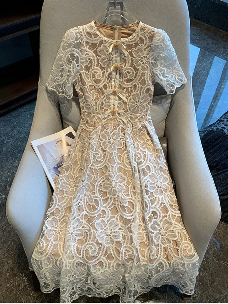 2024 Summer New Elegant O-neck Short Sleeve Lace White Dresses  Women Bow Beaded Hollow out Wedding Prom One Piece Dress Female