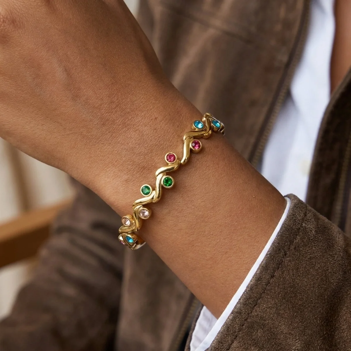Vintage-Armreifen aus Edelstahl mit simulierten Perlen und Wellenmuster für Damen und Herren, bunter Zirkon-Stern, Liebesherz, gedrehter Armreif, Schmuck – Detail 21