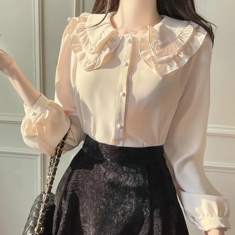 Gagarich Women Fashion Doll Collar Chiffon Shirt Long Sleeve Foreign Style Autumn Winter New Bow Design Fairy Top Blouse