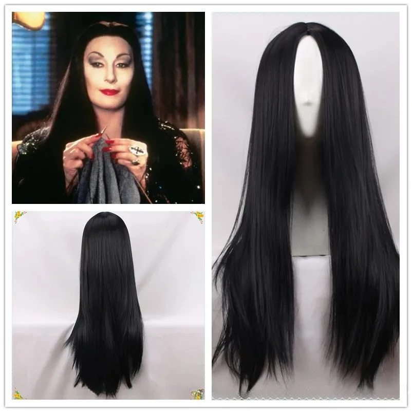 Halloween Women Addams Family Cosplay Wig Morticia Addams Wigs Black Long Straight Middle Part Synthetic Hair Pelucas Costume