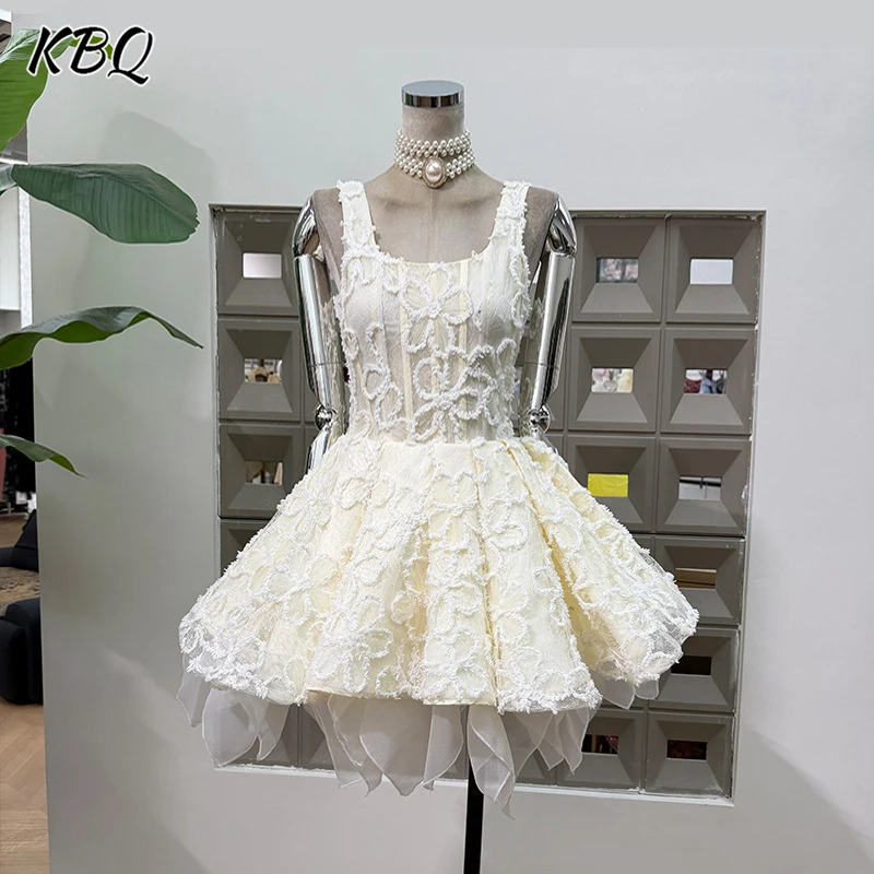 KBQ Abiti da festa con orlo in rete impiombato dolce senza schienale per donna Colletto quadrato senza maniche Patcwork Abito corto elegante floreale femminile
