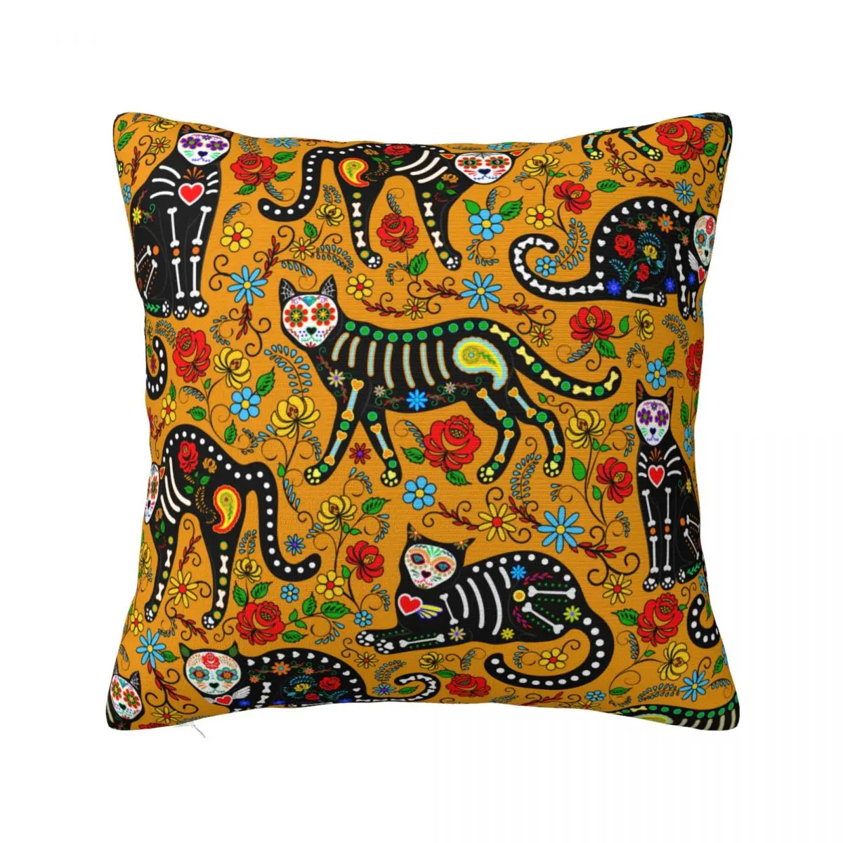 

Calavera Sugar Skull Cats Mexican Pillowcase Soft Polyester Cushion Cover Decorative Throw Pillow Case Cover Home Zipper 45X45cm