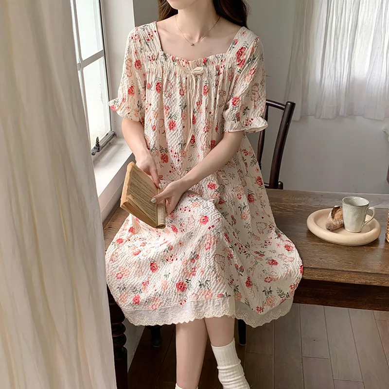 M-2XL vestido de pijama de talla grande para mujer, camisón versión coreana de verano, ropa de descanso de manga corta de algodón con nube, se puede usar en el exterior