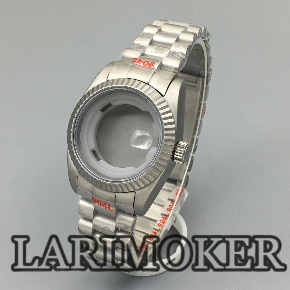 LARIMOKER 31 مللي متر علبة فضية غير لامعة من الفولاذ المقاوم للصدأ مع حزام مستدير مصقول مزمر زجاج الياقوت لحركة NH05 NH06