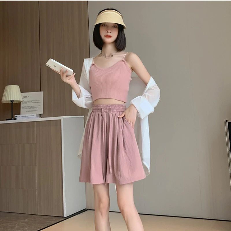 2024 Summer Thin Shorts Women Elastic Waist Loose Solid Color Casual Wide Leg Sports Pants Fashion Versatile Shorts Female
