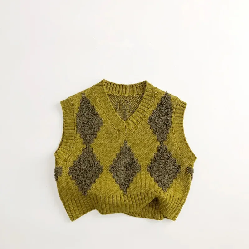 

2025 Autumn Korean Style Children Plaid Vests V-neck Sleeveless Pullovers Tops Toddlers Kids Casual Knitted Waistcoat
