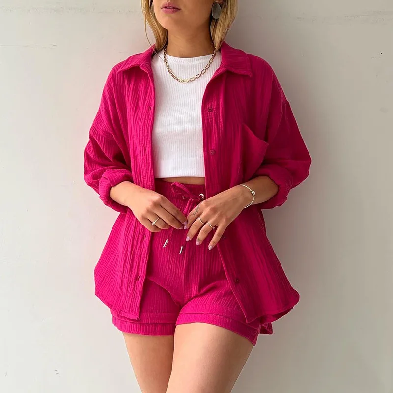 Conjunto de dos piezas de algodón para mujer, ropa informal de manga larga con botones, color verde, Rosa y Rojo, camisa blanca y pantalones cortos,