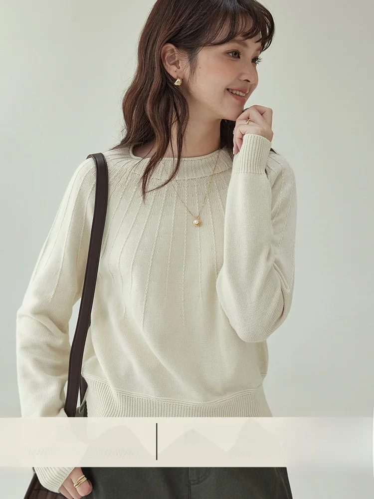 

Original Design Long Sve Pure Cotton Knitted irt Women's Autumn Winter New Sle Loose Fit round Ne Wave Hem Top