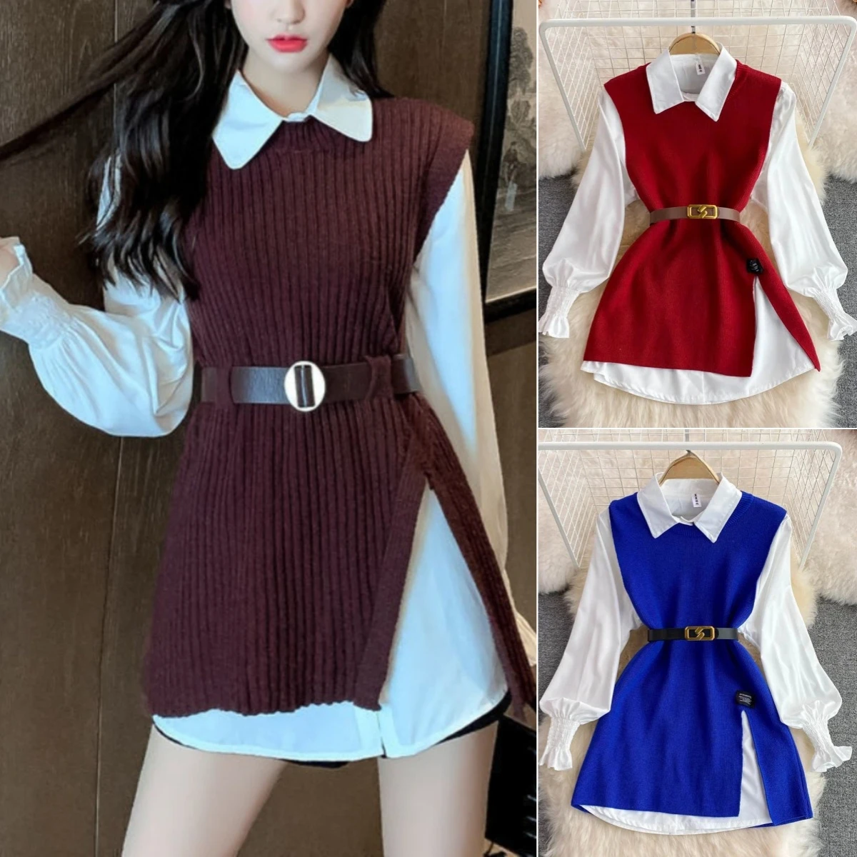 New Autumn Fashion Korean Office Lady Lapel Lantern Sleeves White Shirt +V-neck Knitted Vest Casual Two-piece Set Clothes Women