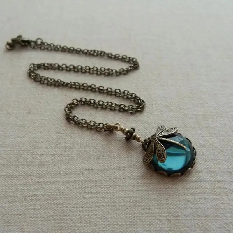 1Pcs Bronze Color Dragonfly Women Necklaces Carving Blue Stone Accessories