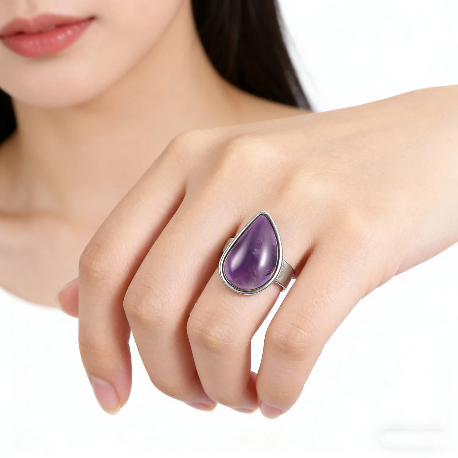 Natural Crystal Adjustable Ring, Elegant Curved Water Drop Design, European Style Semi-precious Stone Jewelry Gift for Women