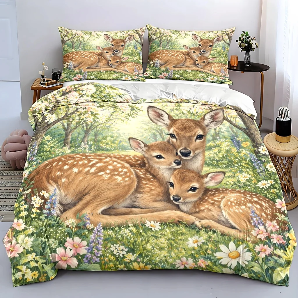 3Pc Forest Deer Print Duvet Cover Set, Three-Piece Bedding Set (1*Duvet Cover + 2*Pillowcases), Suitable for All Seasons, Machine Washable, Hidden Zipper Design, Large Double Bed Cover, Suitable for Home, Dormitory, Master Bedroom, Guest Room, Fresh and Natural Style Bedding Set, Soft and Skin-Friendly Bedding, Cross-Border Bestseller Bedroom Bedding Set, Cozy and Healing Deer Bedding, Easy-Care Home Bedding Three-Piece Set