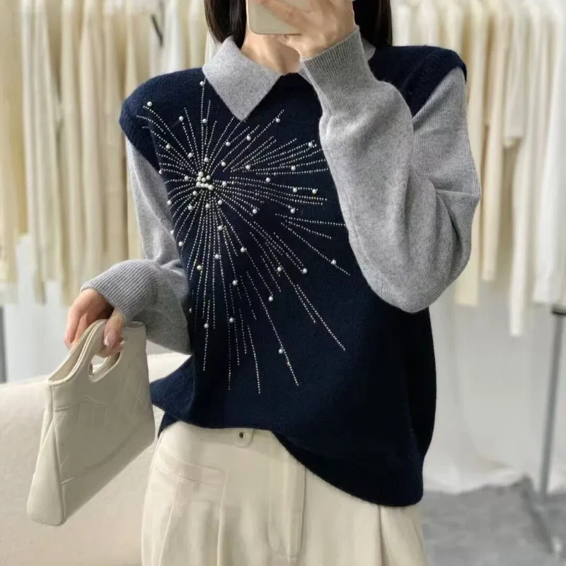 Spring Autumn Doll Collar Long Sleeve Fashion Sweater Women High Street Fake Two Pieces Embroidered Flares All-match Pullovers