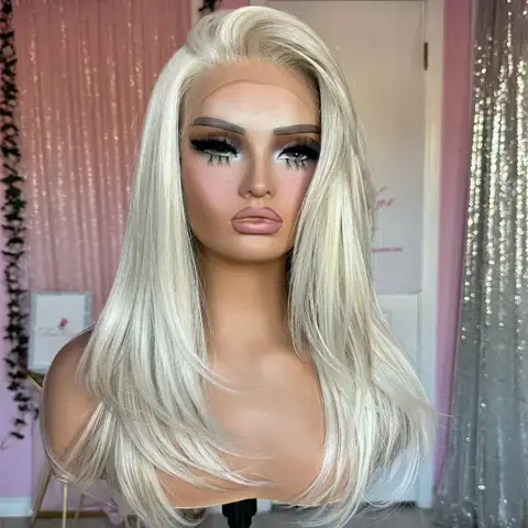 가발 여성 화이트 플래티넘 블론드 합성 HD 레이스 프론트 가발 Balayage Pre 뽑은 헤어 라인 내열성 센터 이별 18 인치 가발 여성 화이트 플래티넘 블론드 합성 HD 레이스 프론트 가발 Balayage Pre 뽑은 헤어 라인 내열성 센터 이별 18 인치