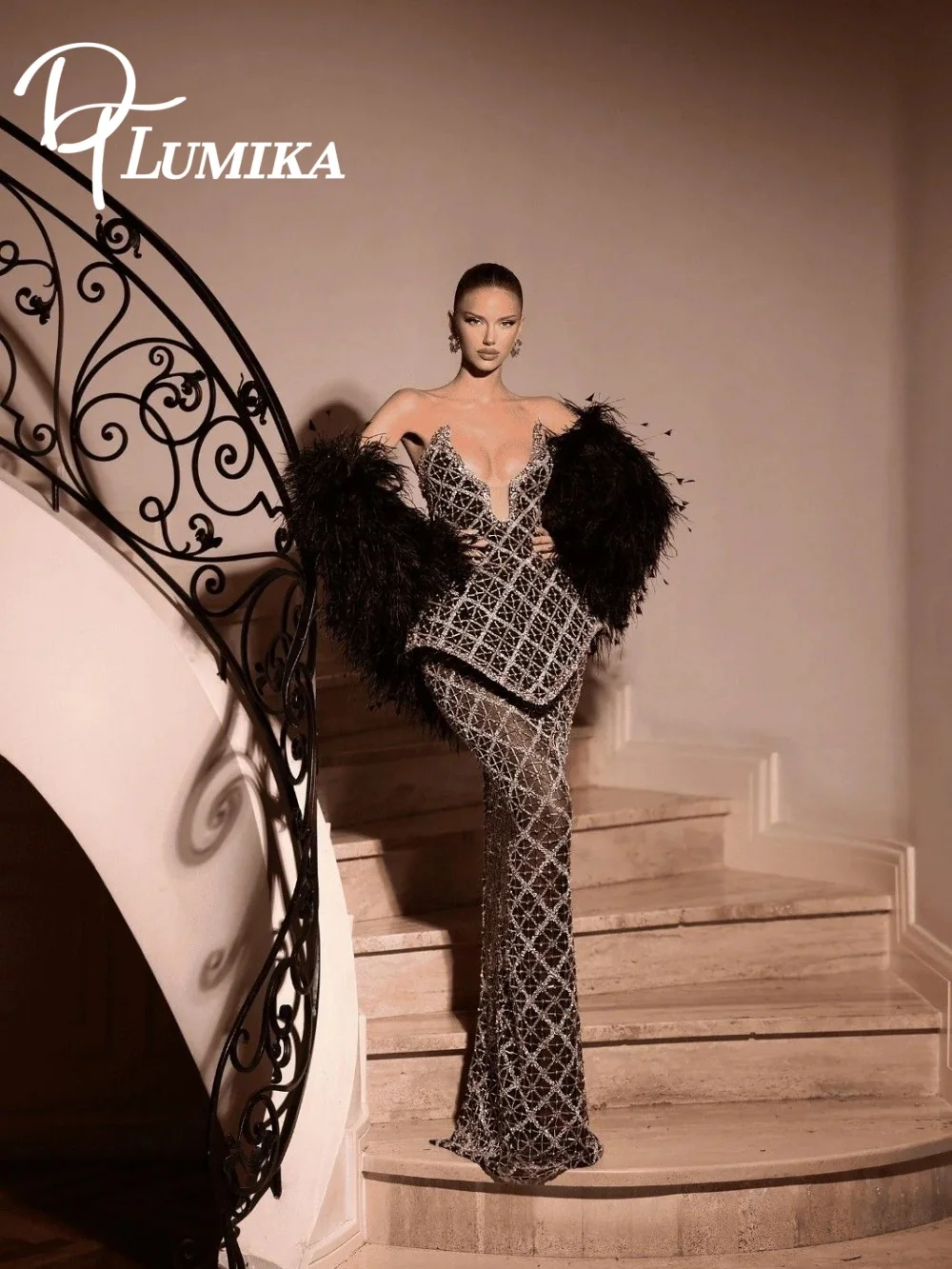 

Vintage Soirée Refined Black Beaded Mermaid Evening Dress Timeless V-Neck Feather Trim Oversized Sleeve Sheer Gown فساتين سهرة