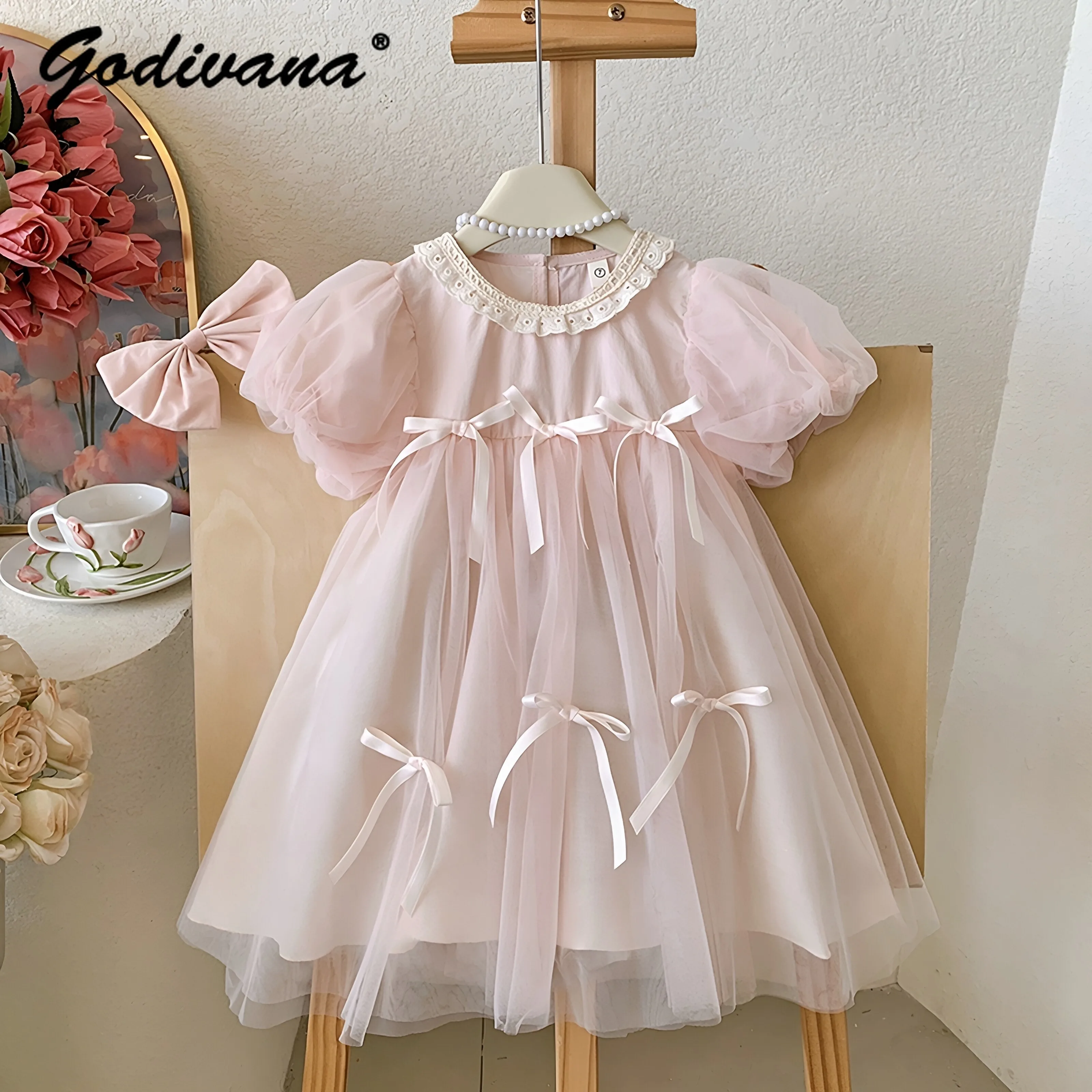 

Baby Girls 2026 Sweet Pink Bubble Sleeve Tulle Princess Dress New Summer 2026 Kids Fashion Bowknot Mesh Lace O-neck Loose Dress