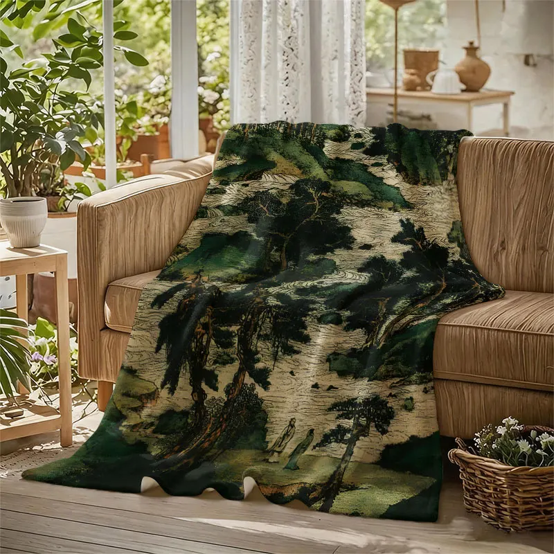 Ancient Chinese Mountain Stream Flannel Blanket Perfect for Sofa Office Bed Travel Sleep Read Relax Camping Four Season Use