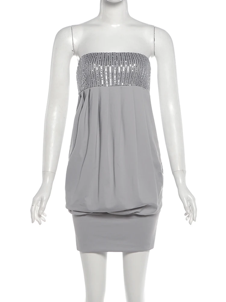 Sisterlinda Schickes Sexy Kleid für Damen, trägerlos, mit Pailletten, Patchwork, Wickeloptik, rückenfrei, eng anliegend, pfirsichfarben, Hüftbetont, gerafft, elegant, figurbetont. – Detail 4