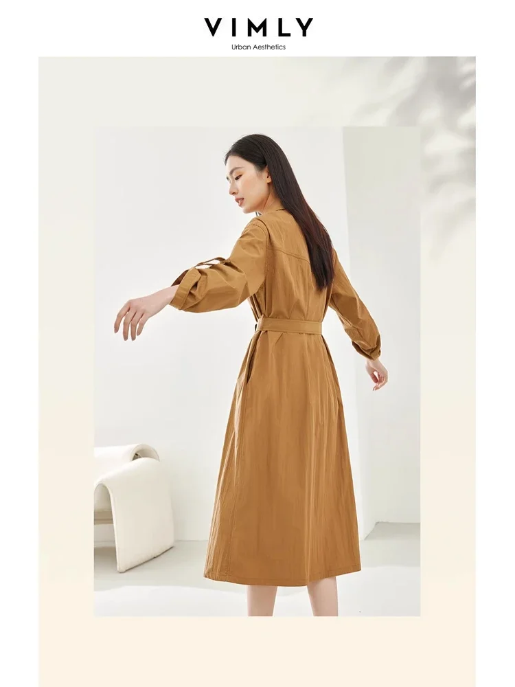 Vimly Spring Casual Lapel Shirt Dresses for Women 2024 New Single Breasted Belt Long Sleeve Straight Loose Midi Dress M5012