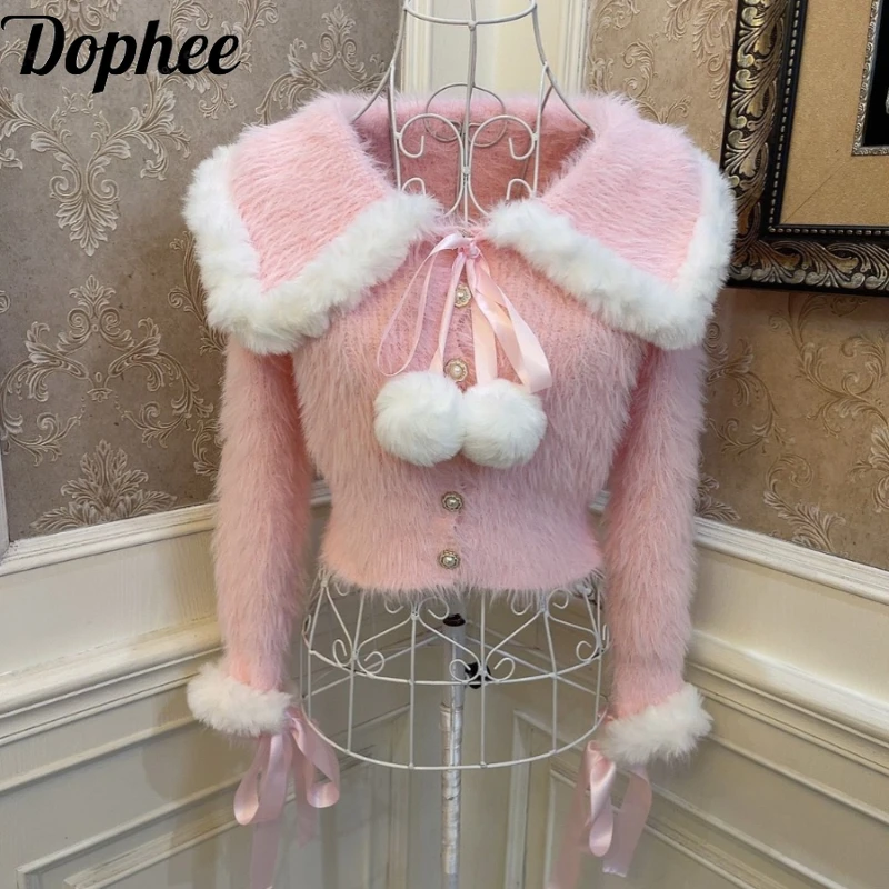 Dophee Original Autumn Winter Women Sweater Crop Top Fluffy Navy Turn-down Collar Elegant Single-breasted Mohair Cardigans Coat