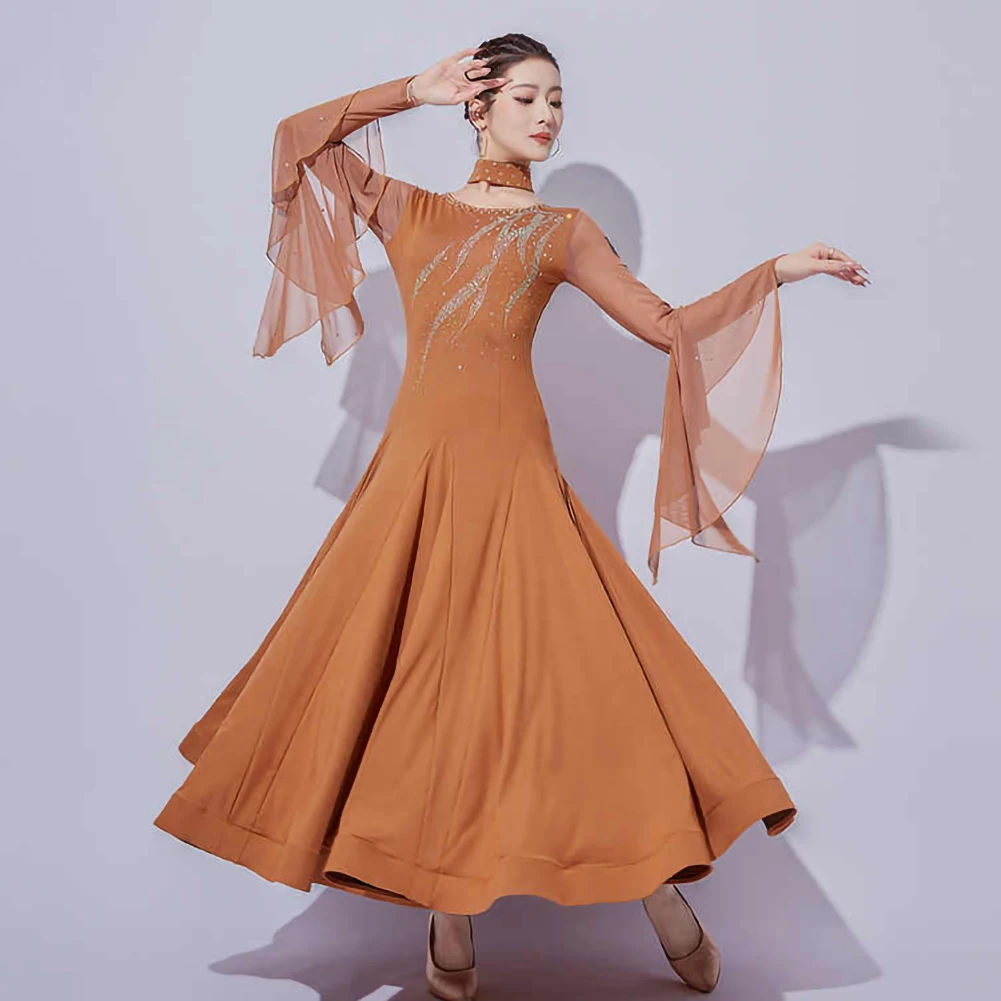 

Женское платье для банкетного зала, платье для вальса со стразами, элитное тренировочное платье со стразами и длинными рукавами, стандартное соревнование