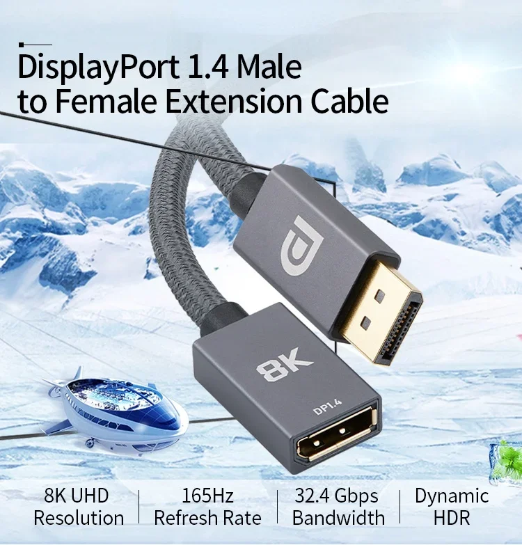DisplayPort تمديد كابل ذكر إلى أنثى 8K UHD 60 هرتز 4K 144 هرتز HDR 165 هرتز عرض مهايئ منفذ DP 1.4 1.2 كابل DP 1 متر 2 متر