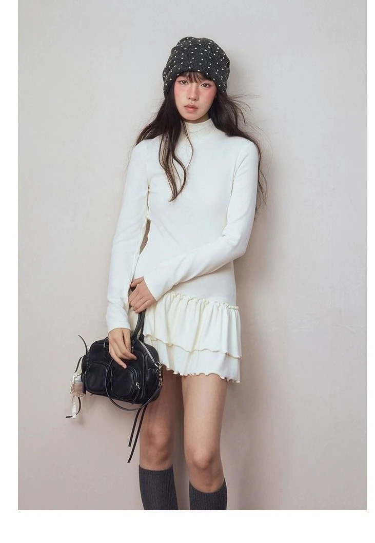 Vestido tipo camiseta de manga larga ajustado con cuello alto para mujer Otoño Invierno