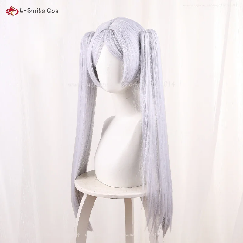 Peluca de Cosplay de Anime Frieren para mujer, pelo sintético resistente al calor, gorro, color blanco y plateado, 65cm