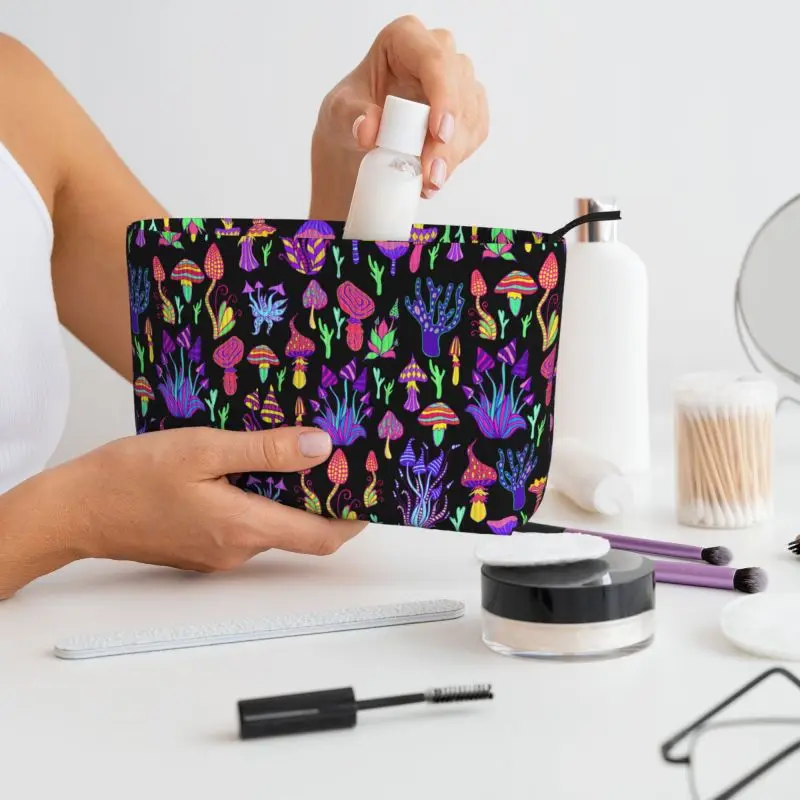 Custom Psychedelic Mushrooms Travel Toiletry Bag Corduroy Cosmetic Makeup Organizer Women Portable Beauty Storage Dopp Kit Box view 6