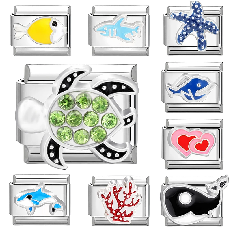 Fashion Sea Beach Italian Stainless Steel Charm Bracelet Fish Starfish Turtle DIY Remove Module 9mm Fit Assembly Jewelry Gifts