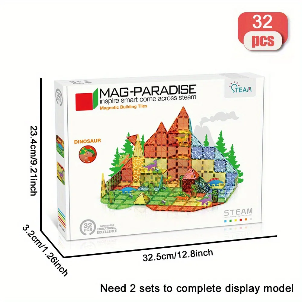 Blocchi magnetici per dinosauri fai-da-te da 32 pezzi - Set di giocattoli a stelo grande Giocattoli magnetici creativi, giocattoli magnetici educativi per bambini