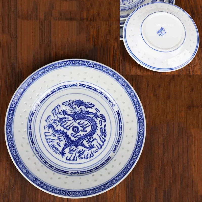 1PC Jingdezhen Ceramic Flat Plates Household Retro Ceramic Dragon-pattern Plate Traditional Blue-and-white Porcelain Fruit Plate