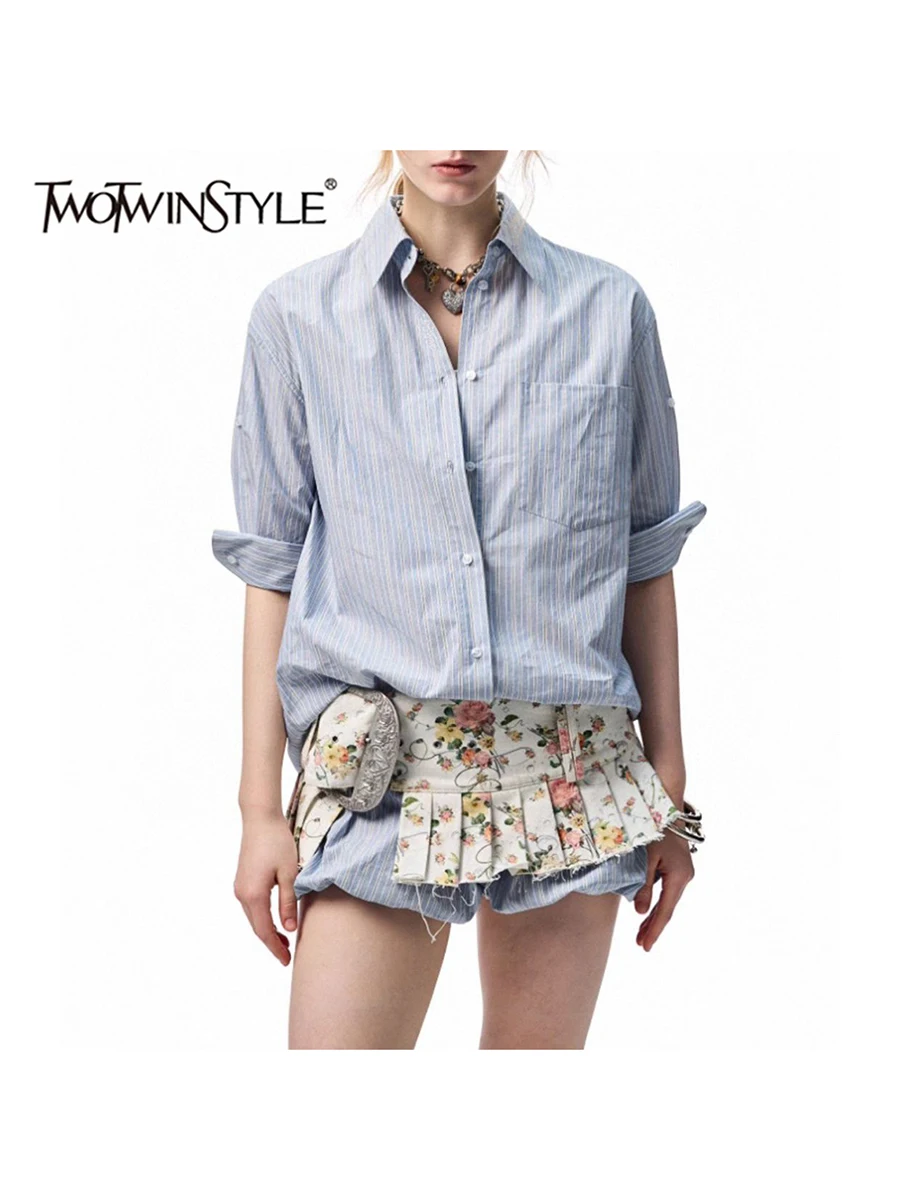 

TWOTWINSTYLE Solid Spliced Striped Two Piece Sets for Women Lapel Long Sleeveless Patchwork Button Top Mini Skirt Set Female New