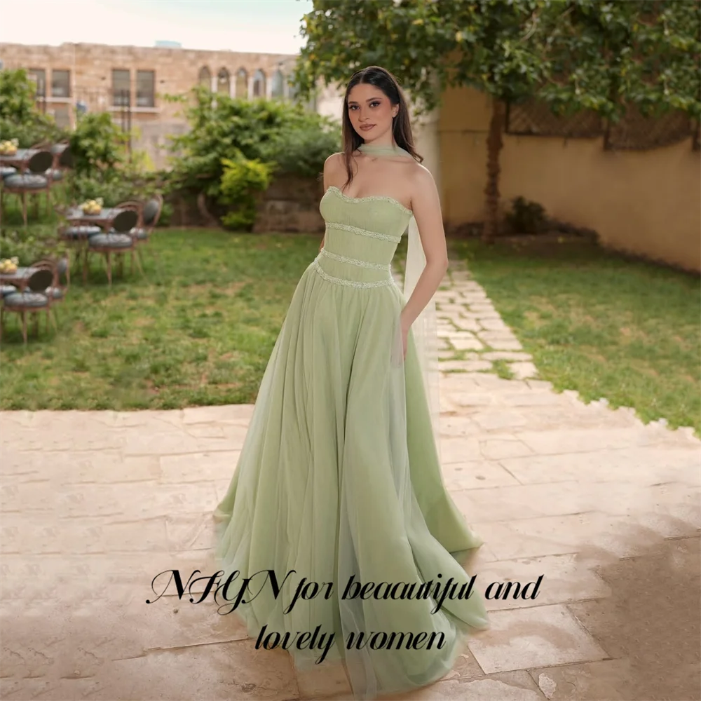 

NFYN Light Green Evening Gown Strapless Tulle Prom Dresses A Line Wedding Evening Dress with Scarf robes de soirée Customized