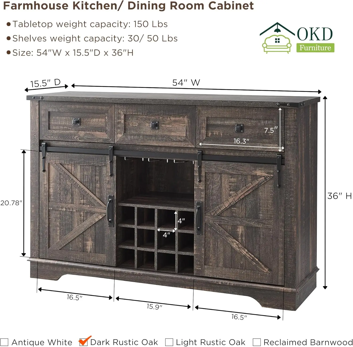 OKD Farmhouse Wine Bar Cabinet w/Sliding Barn Door, 54" Kitchen Coffee Bar Cabinet w/Wine & Glass Rack, Storage Shelves,