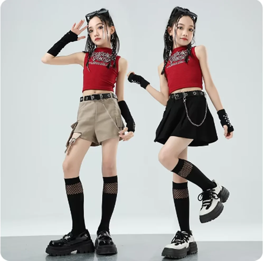 

Jazz Dance Performance Costume Girls Kpop Fashion Clothes Children Hip Hop Stage Wear Red Tops Khaki Shorts Black Skirt