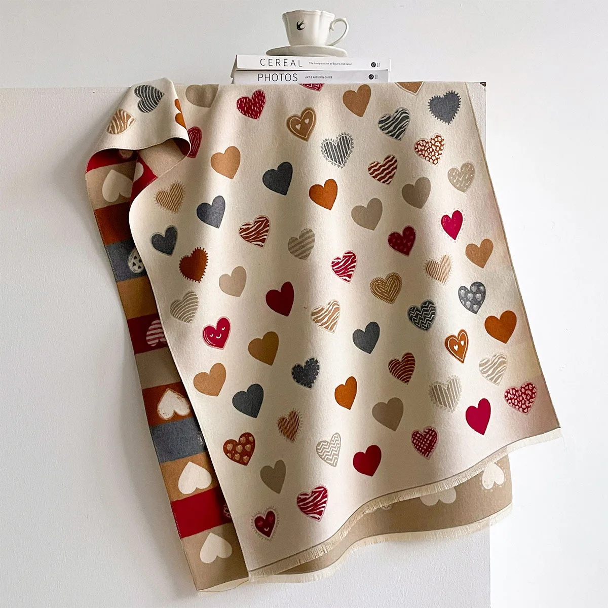 Winter Delicate Classic Vintage Multicolor Sweet Heart Pattern Cashmere Feel Scarf For Women Thick Warm Fringed Reversible Shawl