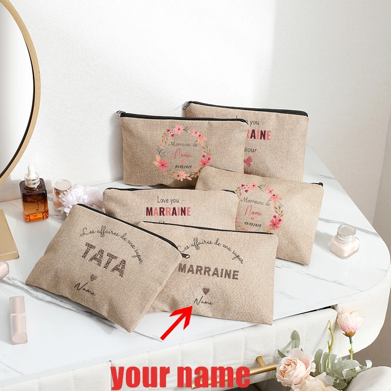 

Customizable with Name Leopard Letter for Tata Marraine Garland Patterns Makeup Bag Travel Pouch for Godparents Mother Days Gift