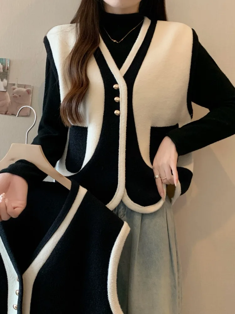 

Модный свитер-жилет больших размеров для женщин, осенне-зимняя утепленная блузка из полиэстера с V-образным вырезом и короткими рукавами в стиле пэчворк