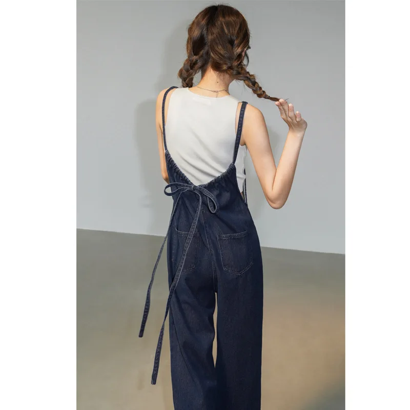 

French Style Overalls Women, Autumn New Design, Loose Wide-Leg Strap Straight Pants