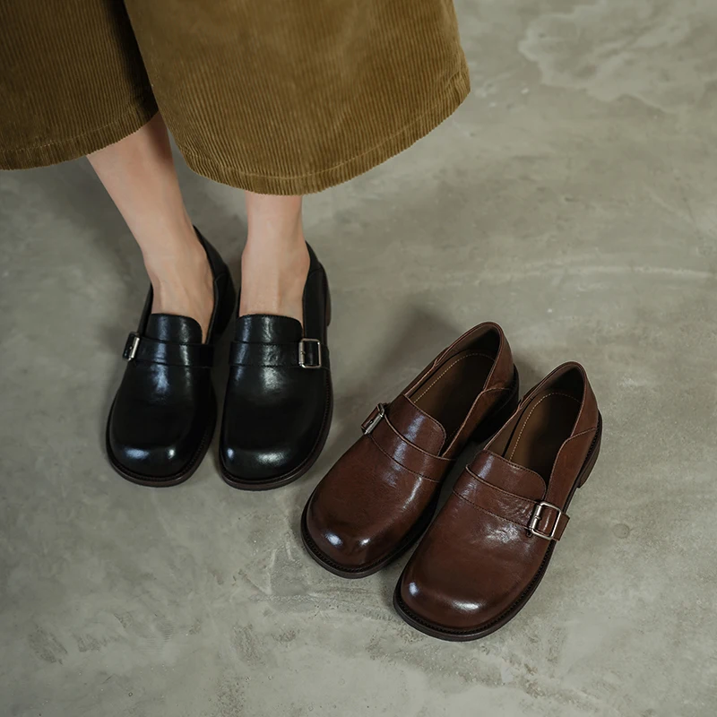 2026 new spring autumn women pumps natural leather 22-25cm washed cowhide+sheepskin+pigskin round toe women shoes buckle loafers