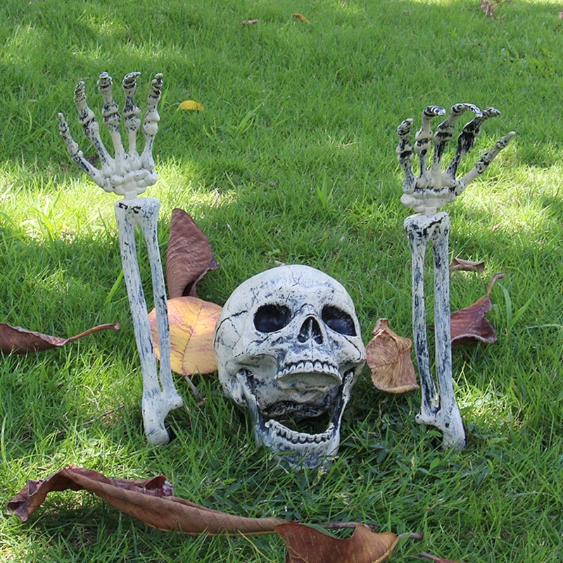 Cabeza de esqueleto de calavera realista para Halloween, brazos de mano humana para fiesta de Halloween, decoración de césped y jardín, accesorios de terror para Casa Encantada