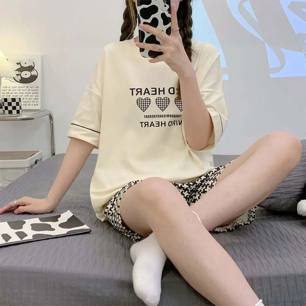 

Cute Flower Cotton Shorts Pajamas Set Bear Rabbit Thin Women Nightwear Suit Short Sleeve Loose 2 Pieces Sleepwear Gifts