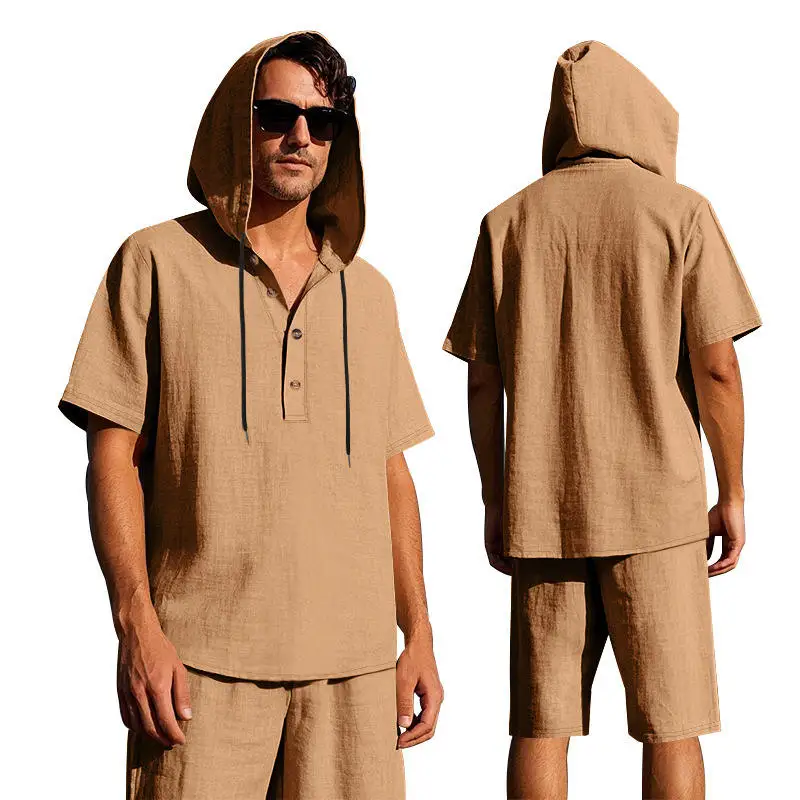 

Loose Linen Summer Shirt Short Sleeve Hooded Beachwear Men's Set Casual Beach Shorts Outfit Unbranded Summer Apparel