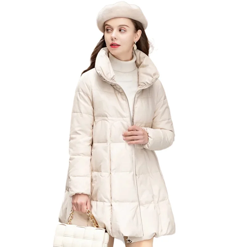 Tajiyane hiver décontracté mode véritable peau de mouton en cuir veste femmes mi-longue blanc canard vers le bas manteau col montant a-ligne Parkas