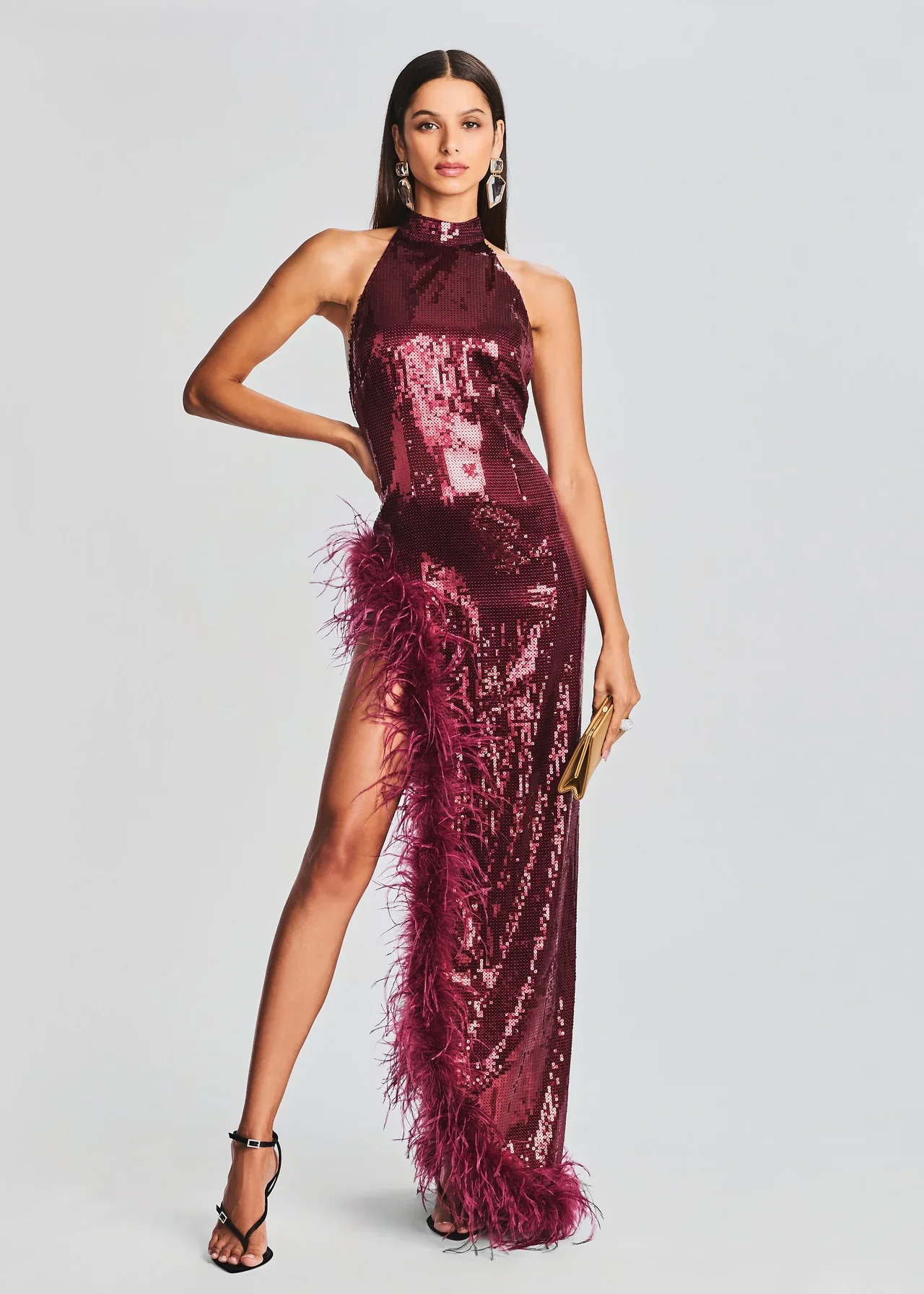 New Fashion Red Wine Back Reveal Sequins Dress Floor Length Inregular Ostrich Feather Decoration Hem High-End Women's Clothing