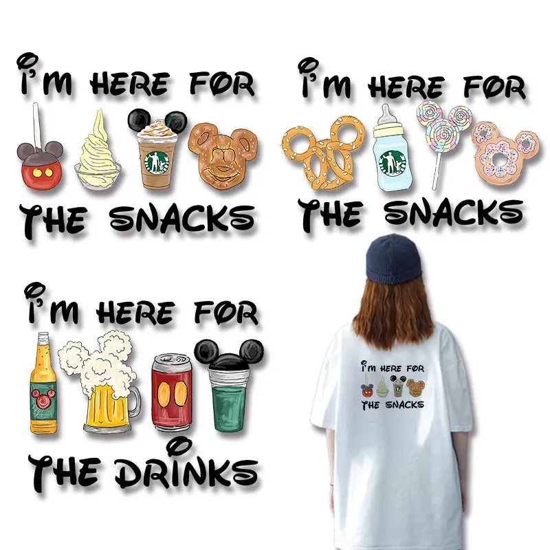 I'm Here For The Snacks & Drinks  Mickey Letter Stickers Iron-on Transfers for Clothing Cheap Easy to Use DIY Decoration