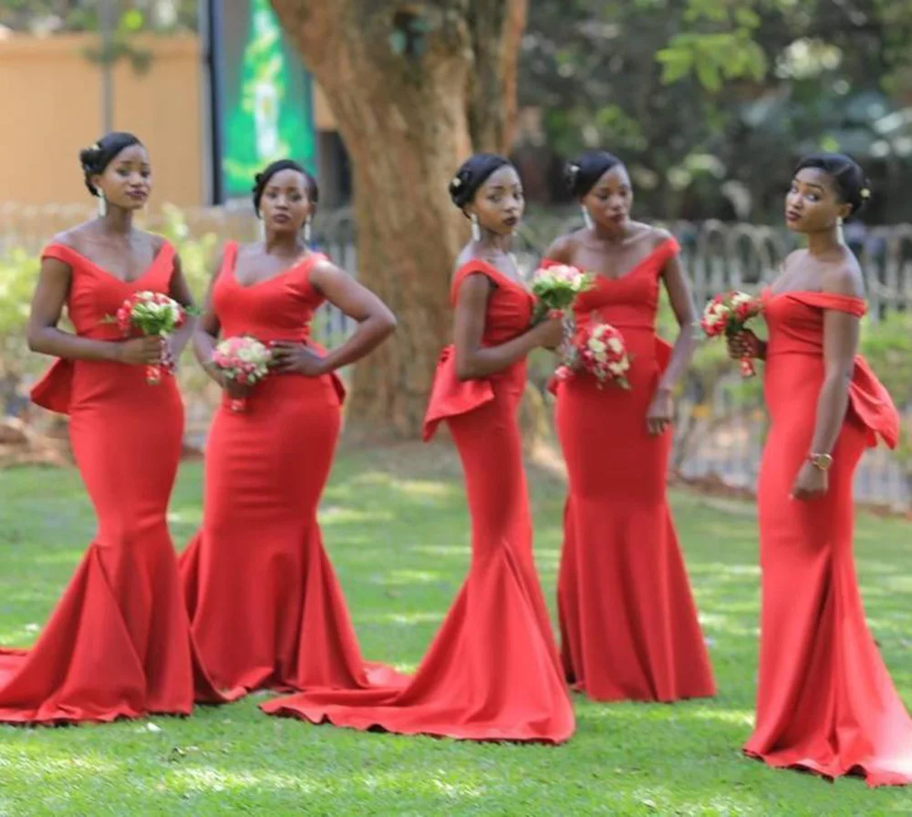 

Sexy Custom V-Neck Mermaid Bridesmaid Dresses Floor-Length Sweep Train Satin long Backless Wedding Party Events